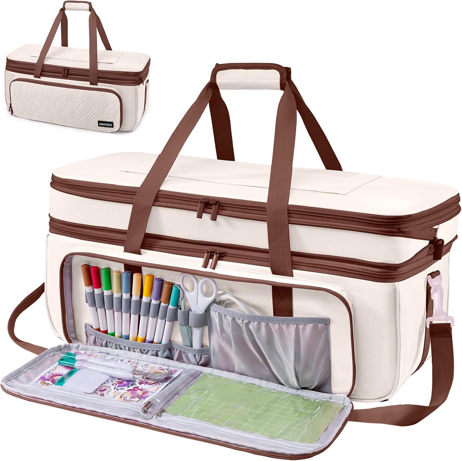 AMOIGEE Double-Layer Carrying Case Compatible with Cricut Maker 4, Explore 4, Maker 3, Explore Air, Silhouette Cameo – Sturdy Storage Bag with Pockets for Cricut Accessories, Vinyl, Tools & Supplies