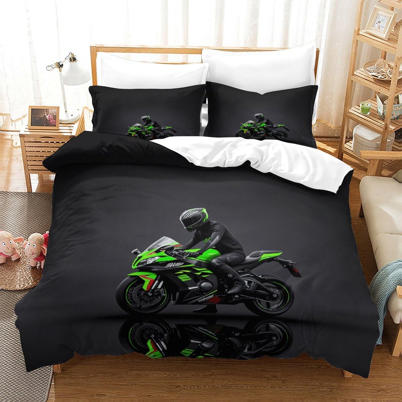 XiaopangXY Moto Racing Luxe Comforter Cover Hidden Zipper Duvet Cover Set with Pillowcases Bedding Set Soft Microfiber Motorcycle Quilt Cover Set for Kids & Adults Double（200x200cm）