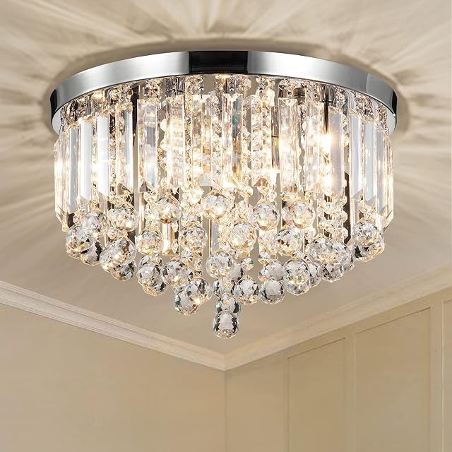 Crystal Chandelier Ceiling Light, Sputnik Fancy Chandelier with 8 Lights, Elegant Modern Crystal Droplets Flush Mount Pendant Lamp for Living Room, Bedroom, Hallway, Bar, Cloakroom.(H9.65"xD15.75")
