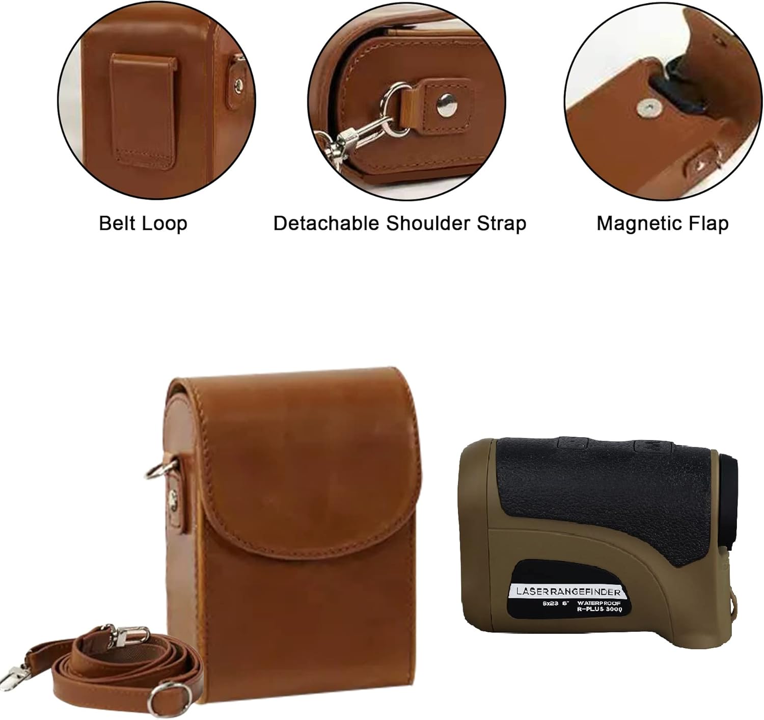 Carrying case details with belt loop, shoulder strap, and magnetic flap