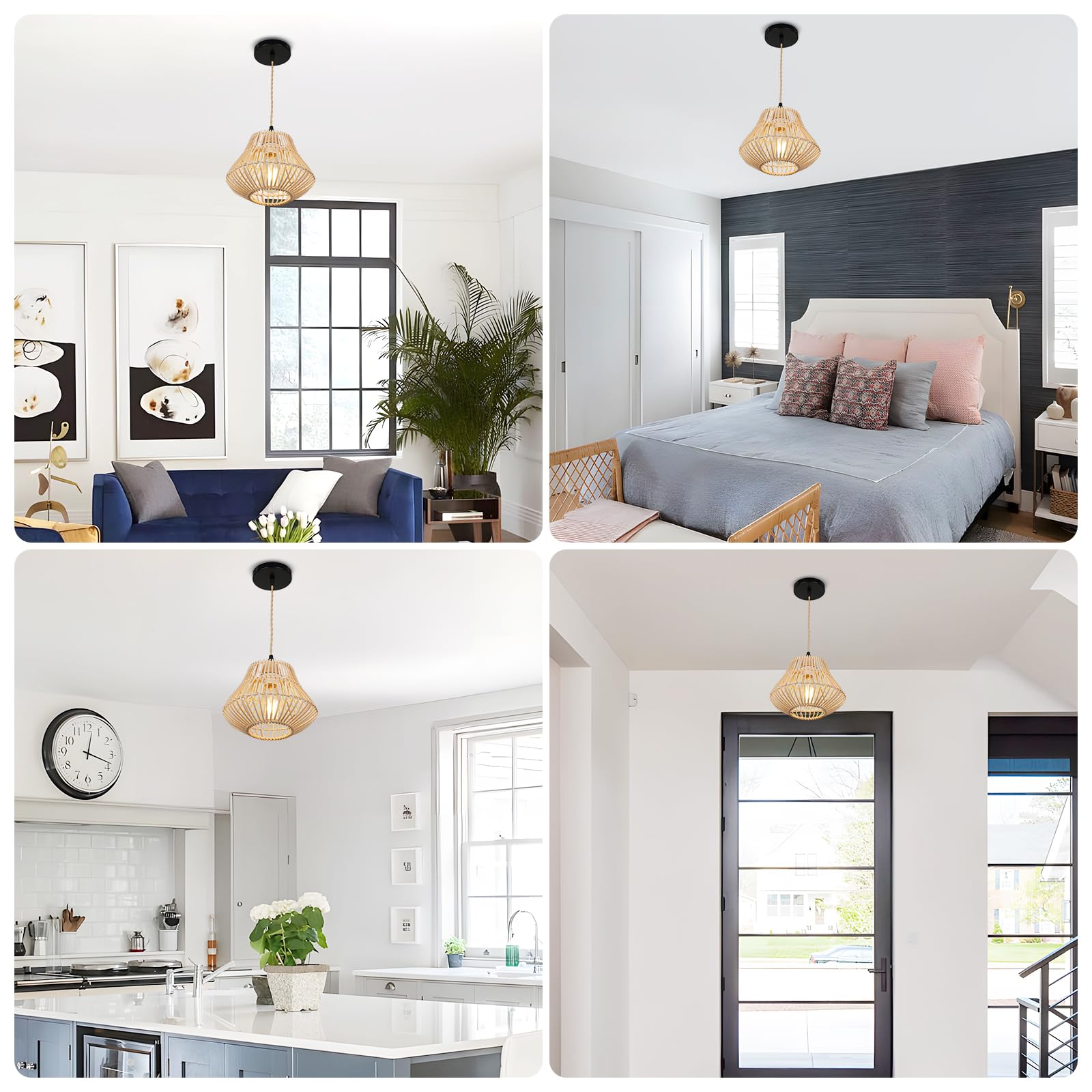 ElilyGiA Bamboo Pendant Lights, Farmhouse Boho Ceiling Chandelier Light Fixture, Natural Bamboo Shade, Cage Basket Pendant Hanging for Dining Room Living Room Kitchen Bedroom