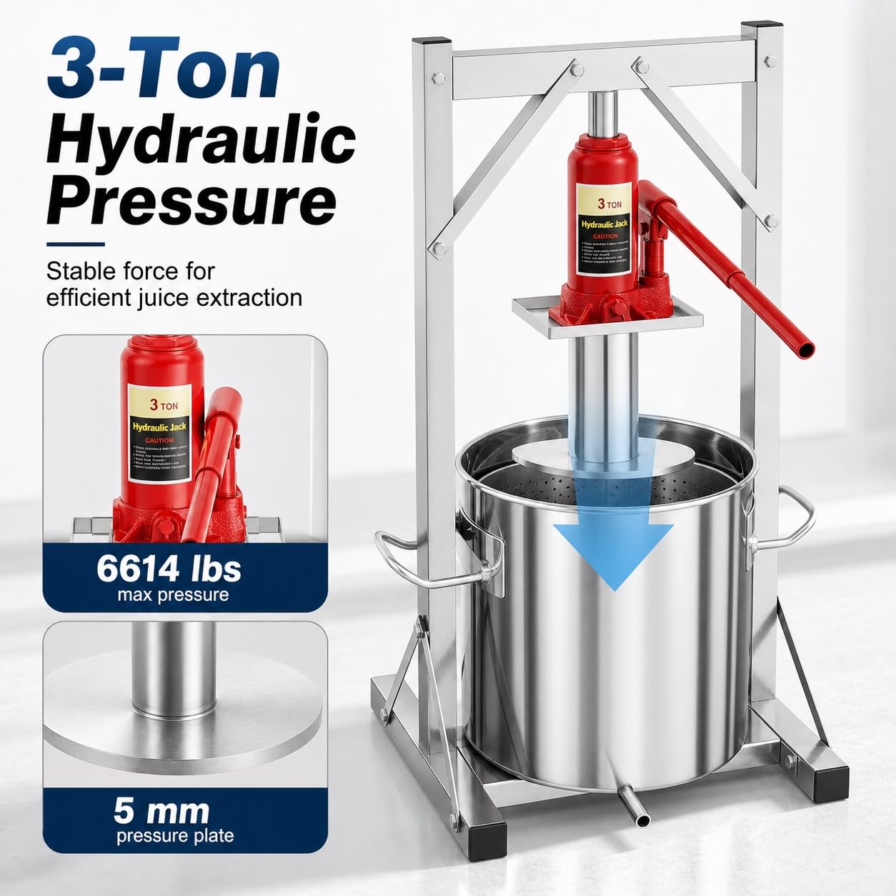Prensa Hidráulica de Frutas de 12 litros, Máquina Prensadora de Jugos y | Presión Hidráulica de 3 Toneladas, Capacidad de 12L, Acero Inoxidable Apto for Uso Alimentario, Operación Manual, Extracción