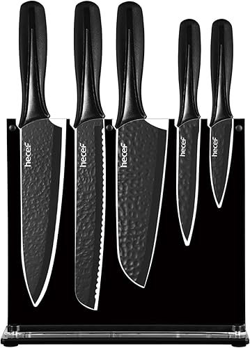 Hecef - Juego de 6 cuchillos de cocina, color negro mate con soporte acrílico, hoja de acero inoxidable martillado y mango de polipropileno, apto