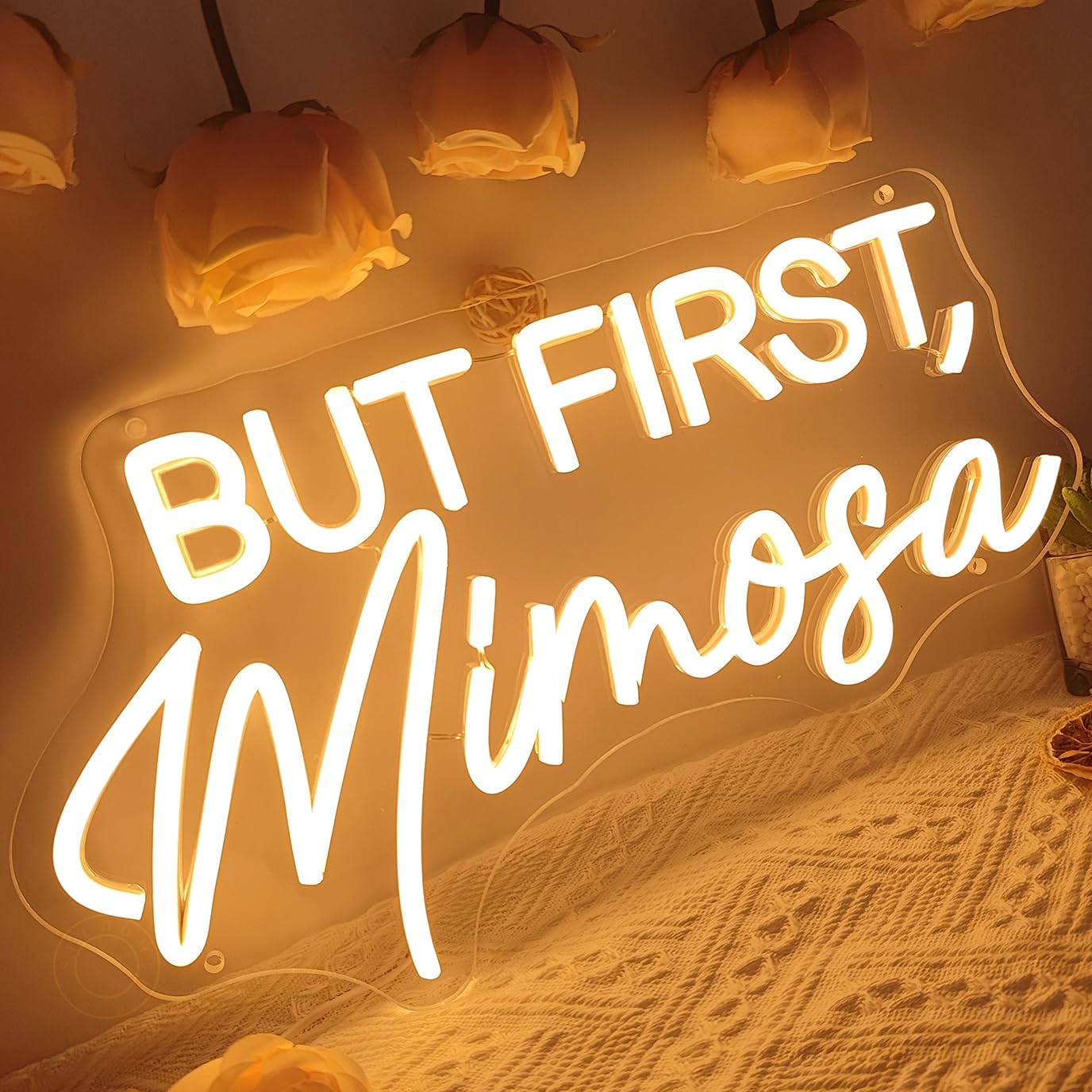 SYLHOME But First Mimosa Led Neon Light Sign Bar Shop Bedroom Wall Sign Decor Wedding Birthday Graduation Baby Bridal Shower Party Banner Backdrop USB 15.75"X8.5"