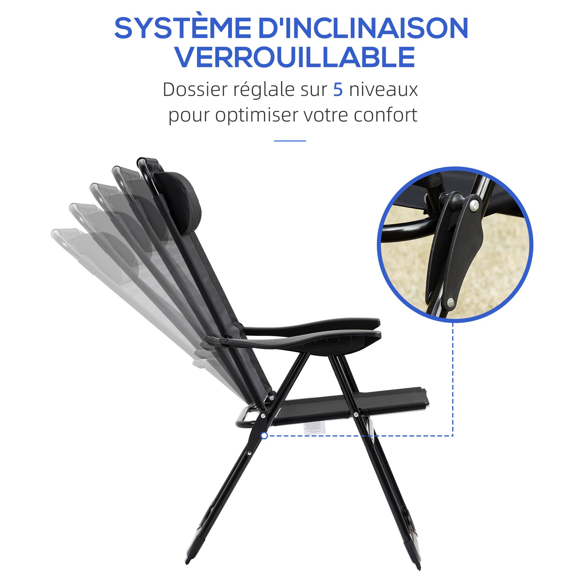 Outsunny Lot de 2 chaises de Jardin Set Basic de 2 chaises Pliantes Chaise de Camping Chaise de Balcon accoudoir Dossier réglable en 5 Positions Oreiller Amovible fourni Tissu Oxford textilène Noir