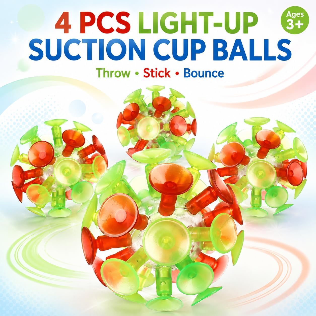 Toddmomy Kids Multicolored Suction Cup Balls 4 Pack 2.36In Flash Luminescence Bouncing Sensory Toys for Children Party Favors and Indoor Outdoor Play