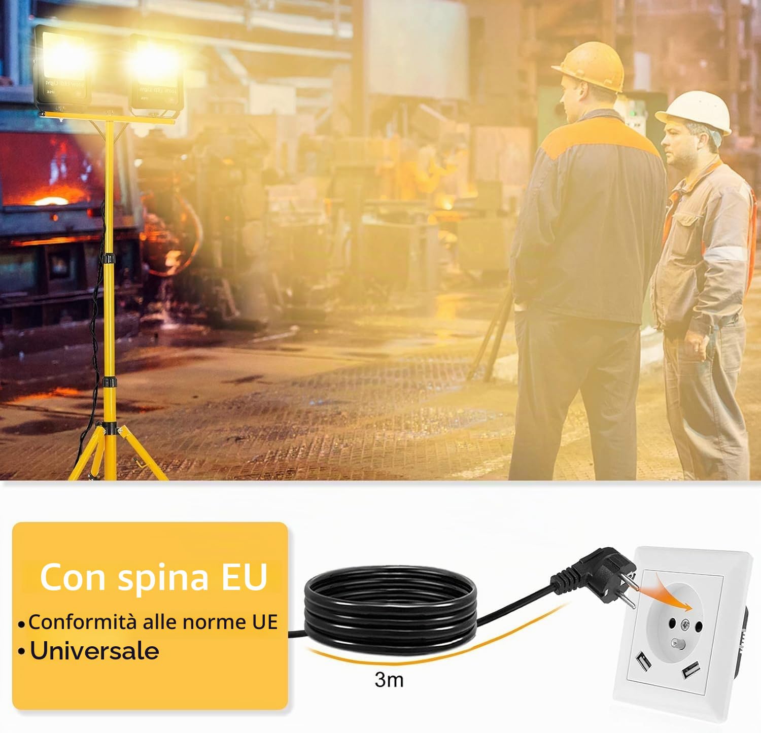 FIVMEN - Faretto LED da 2x100W, 8500 lm, con treppiede regolabile e cavo da 3 m, impermeabile IP66, per officina, cantiere, garage, luce bianca calda