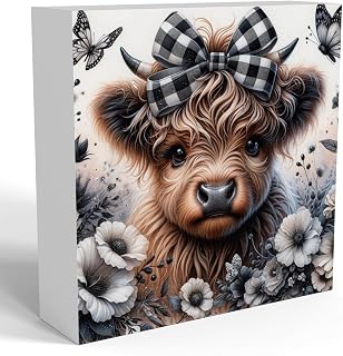 Highland Cow Bathroom Decor, Highland Cow Gifts, Highlands Cows Lovers, Checkered Bow Farmhouse Western Animal Office Kitchen Bathroom Wooden Box Sign Accessories Country Housewarming 5x5 Inches