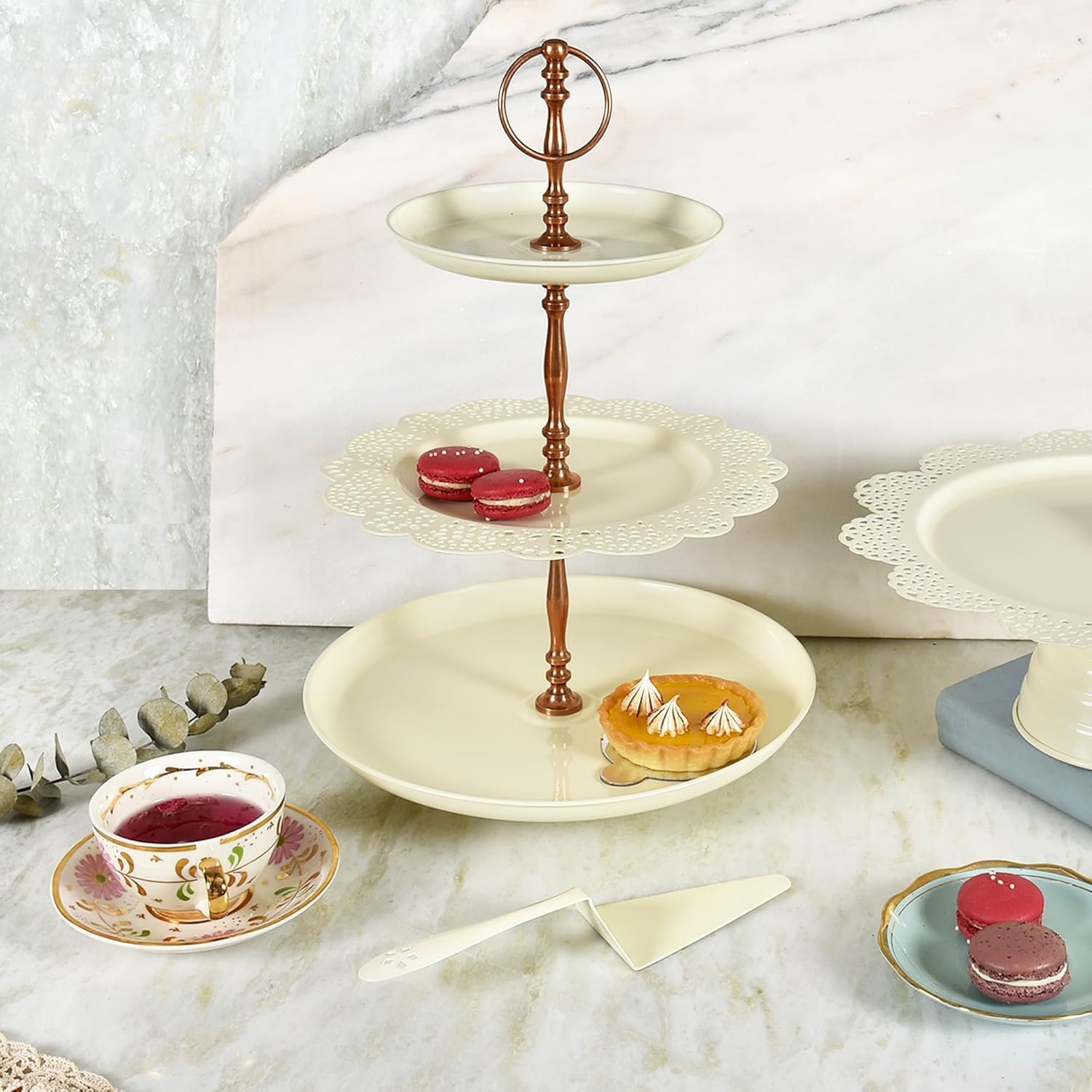 ELAN Metal Flourish 3 Tier Cake and Cupcake Stand for Birthdays/Wedding Party, Dessert Holder/Stand (Off-White)