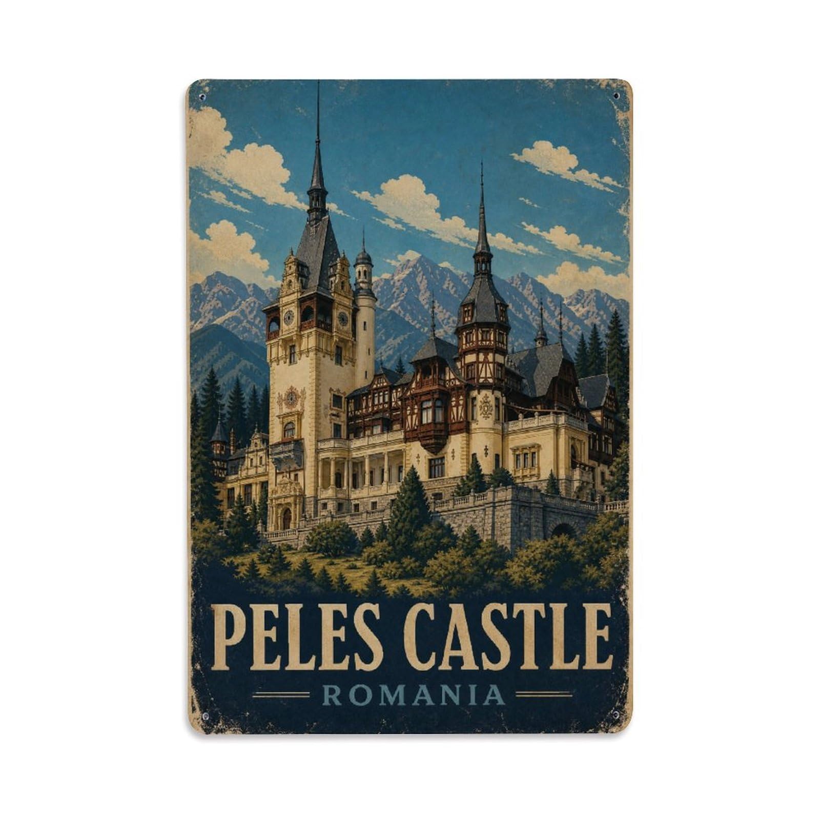 Retro Travel Romania Peles Castle Metal Tin Sign