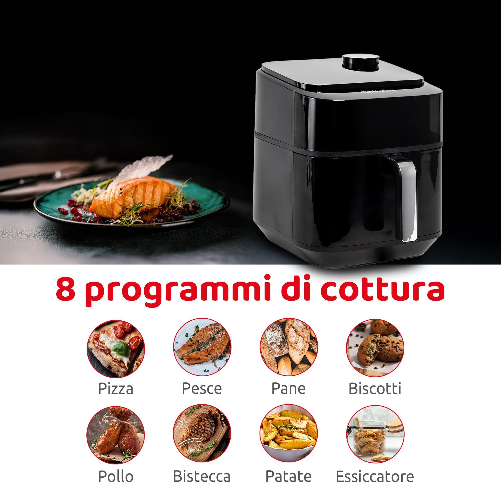 Frytkownica Melchioni Family z miękką parą, podwójna rezystancja, pojemność 6,5 l, cyfrowy wyświetlacz i 8 zaprogramowanych programów, cicha, regulowana temperatura 80-200°C, timer 60 min,