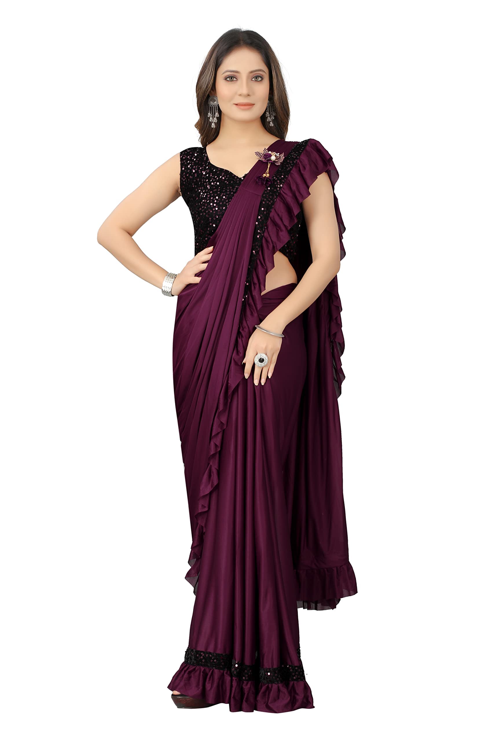 Market Magic World Women's Lycra Ruffled Ready to Wear Saree Trending Festive Season Party Design Stylish Sequence Fancy Patch Lace Border with Blouse Piece