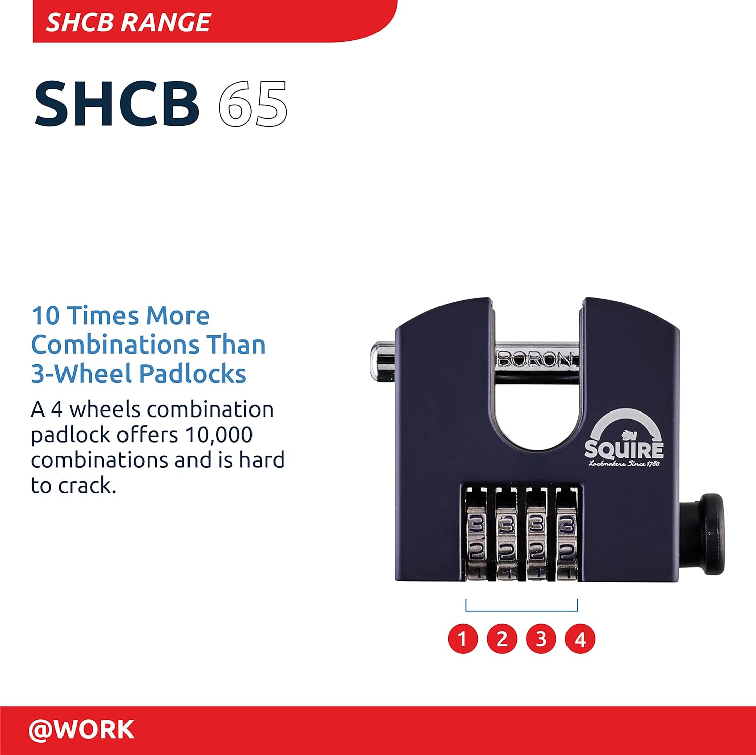 Diagram illustrating the Squire SHCB65 padlock with four combination wheels, highlighting that it offers 10,000 combinations, significantly more than 3-wheel padlocks.