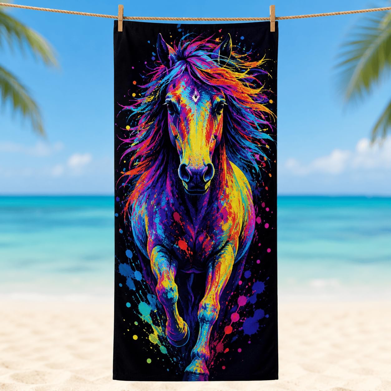 Telo Mare Microfibra Cavallo Colorato Asciugatura Rapida | Asciugamano da Spiaggia Cavallo Astratto, 145x200 cm, Assorbente, Accessori Mare, per Palestra Viaggio