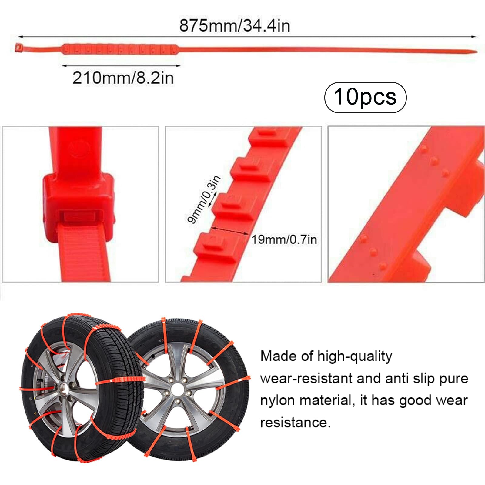 Cadena de Nieve para Coche,Cadenas Antideslizantes para Neumáticos de Nieve,Cadenas de Emergencia para Coche,Cadenas de Seguridad Ajustables,Antideslizantes,Cadenas de Seguridad,10pcs
