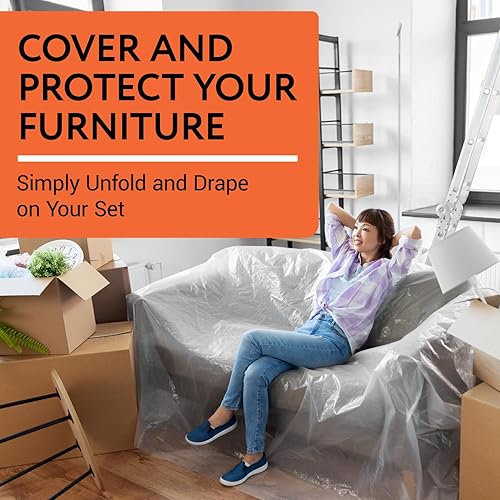 Miniatura 4 de IMPRESA Paquete de 4 fundas de plástico para muebles para mudanza y almacenamiento, fundas de sofá para sofá, sofá biplaza y 2 sillones, funda de