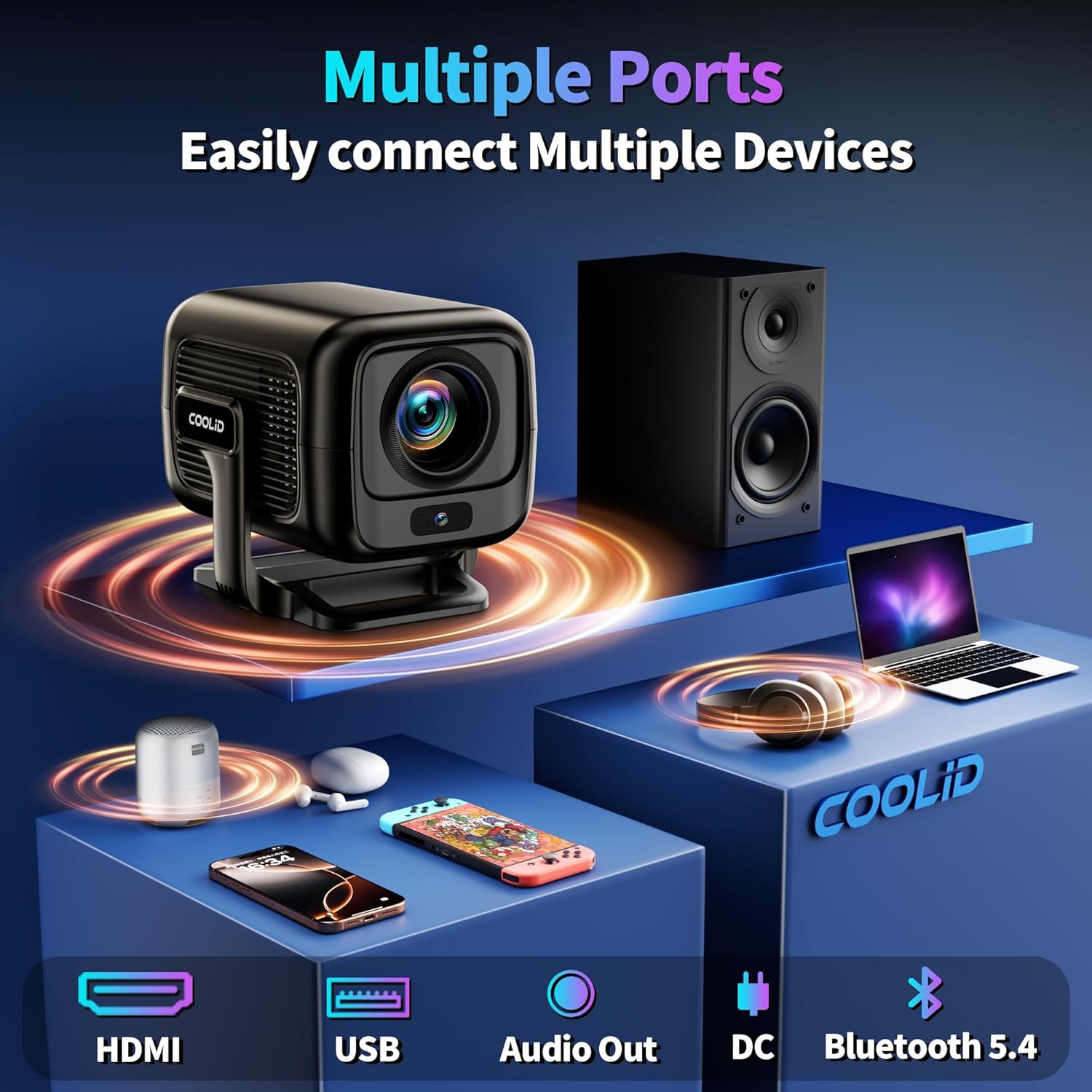 coolid C3 Mini Projector displaying a screen with various integrated applications like HBO Max, YouTube, Hulu, Spotify, and Plex.