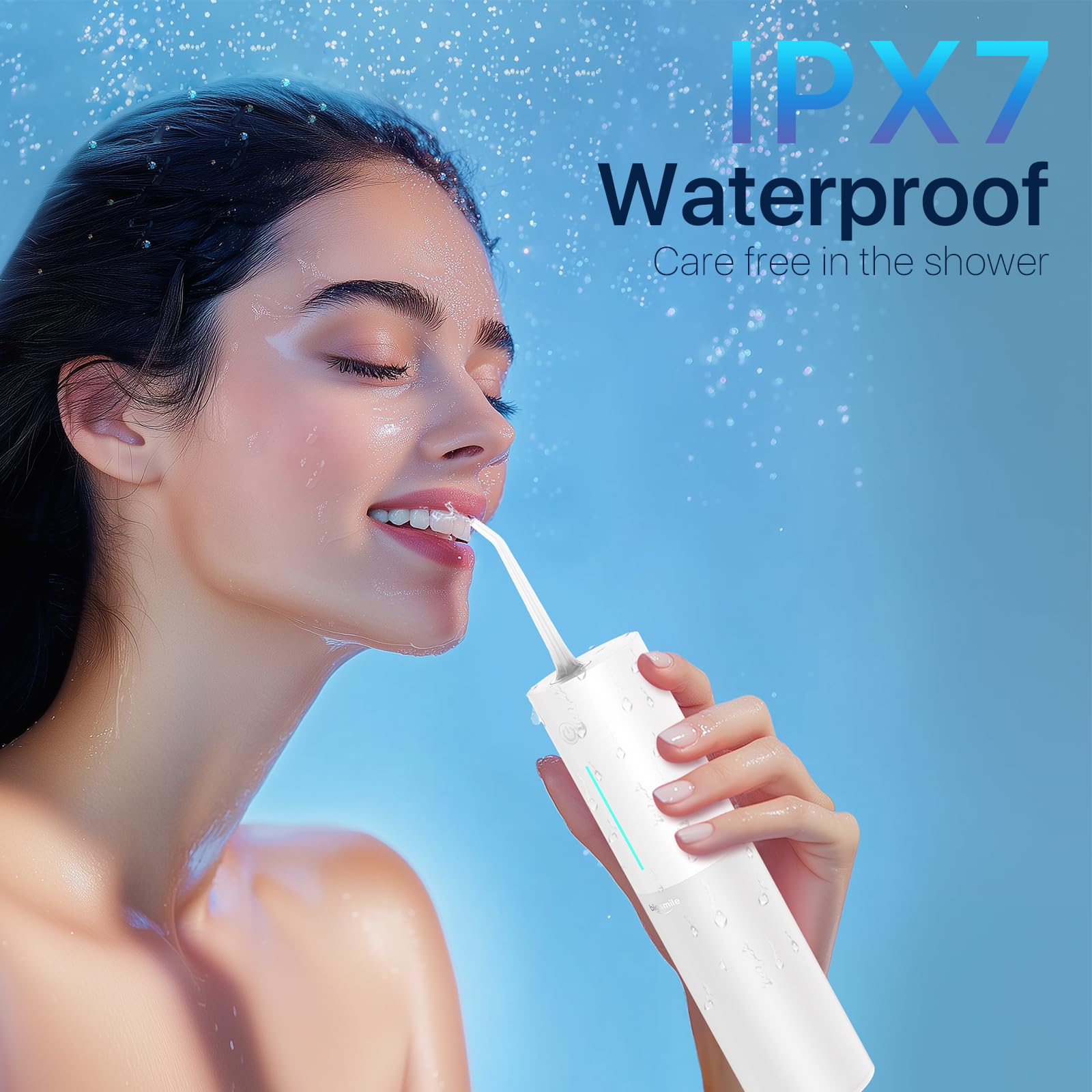 Irrigador bucal dental portátil inalámbrico recargable de viaje IPX7, máquina de hilo dental eléctrica imprescindible para frenos, puentes (blanco)