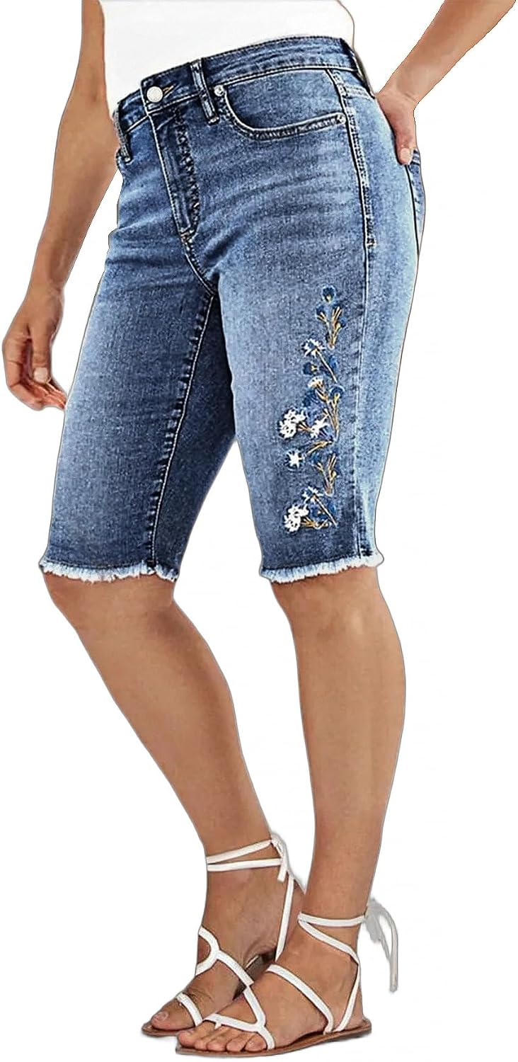 Flamingals Women's Casual Denim Shorts Mid Rise Stretchy Raw Hem Floral Embroidery Bermuda Shorts