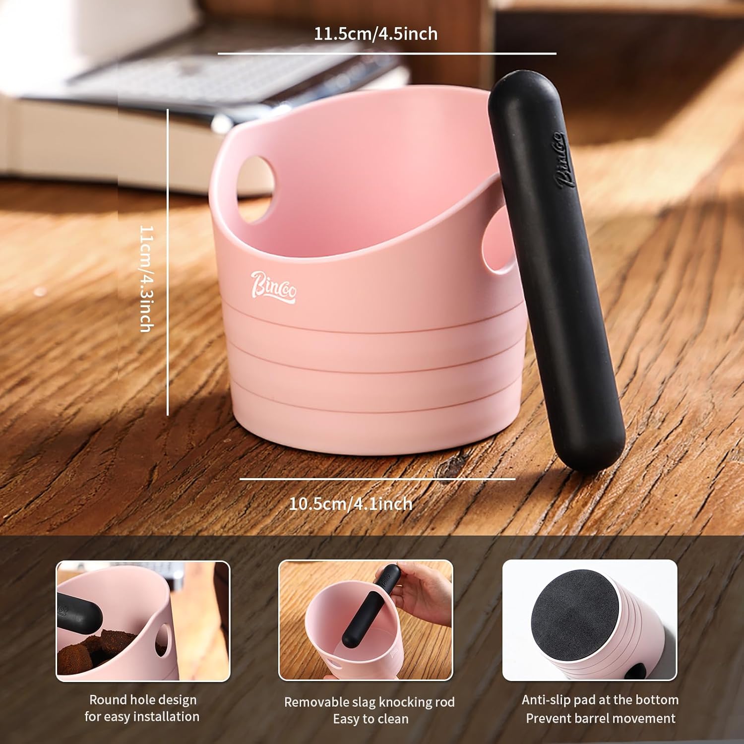 Pink Espresso Knock Box - Bincoo Pink Espresso Machine Knock Box/Espresso Grounds Knock Box, Barista Style Coffee Knock Box for Grounds with Removable Shock-Absorbent Knock Bar and Anti-Slip Base.