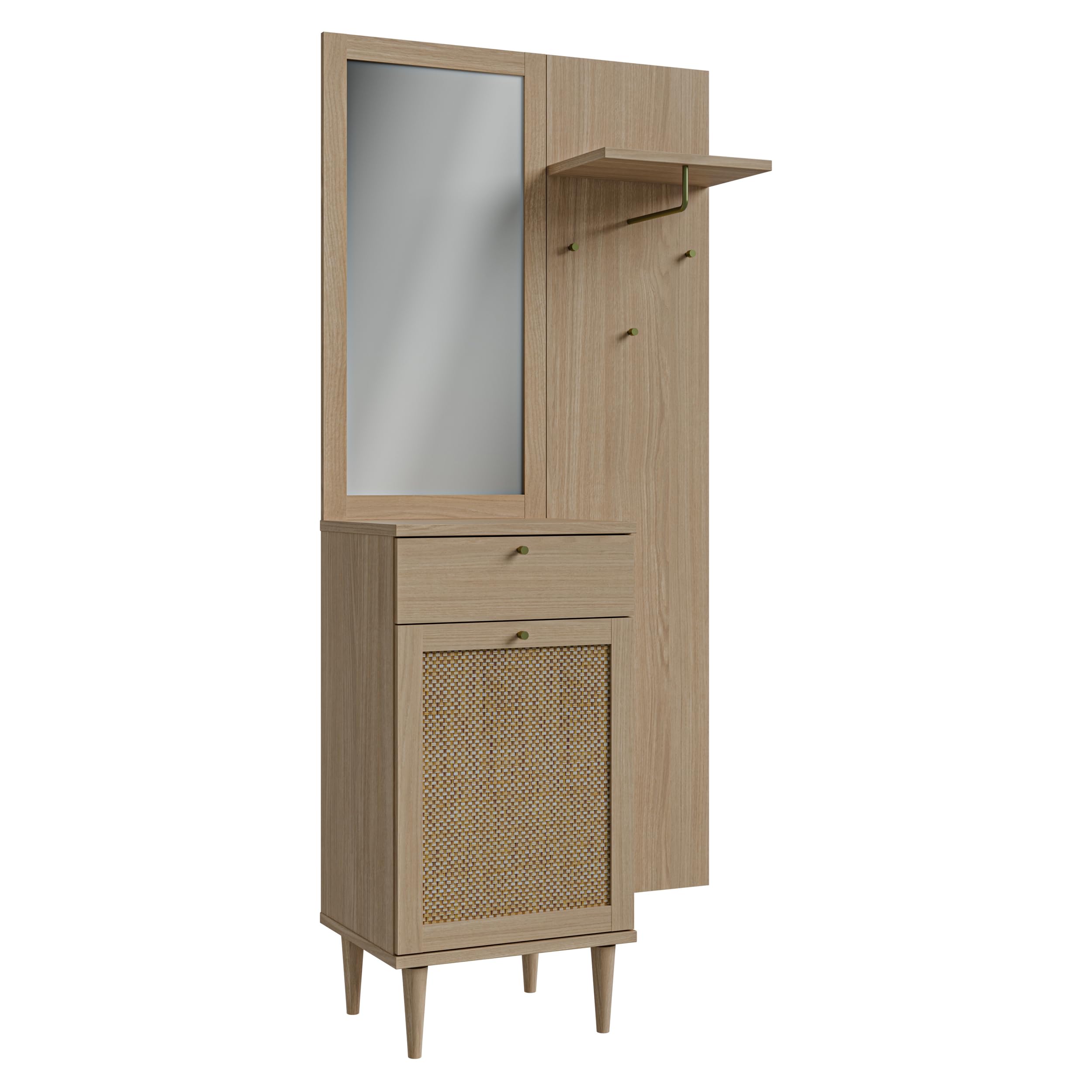 Forte CALASETTA Garderobe 90, 1 Schubladen, 1 Tür, mit Spiegel, Kleiderstange und Ablageflächen, Holzwerkstoff, Elegancia Eiche Holzdekor | Technorattan, 90,4 cm breit x 198 cm hoch x 41,4 cm tief