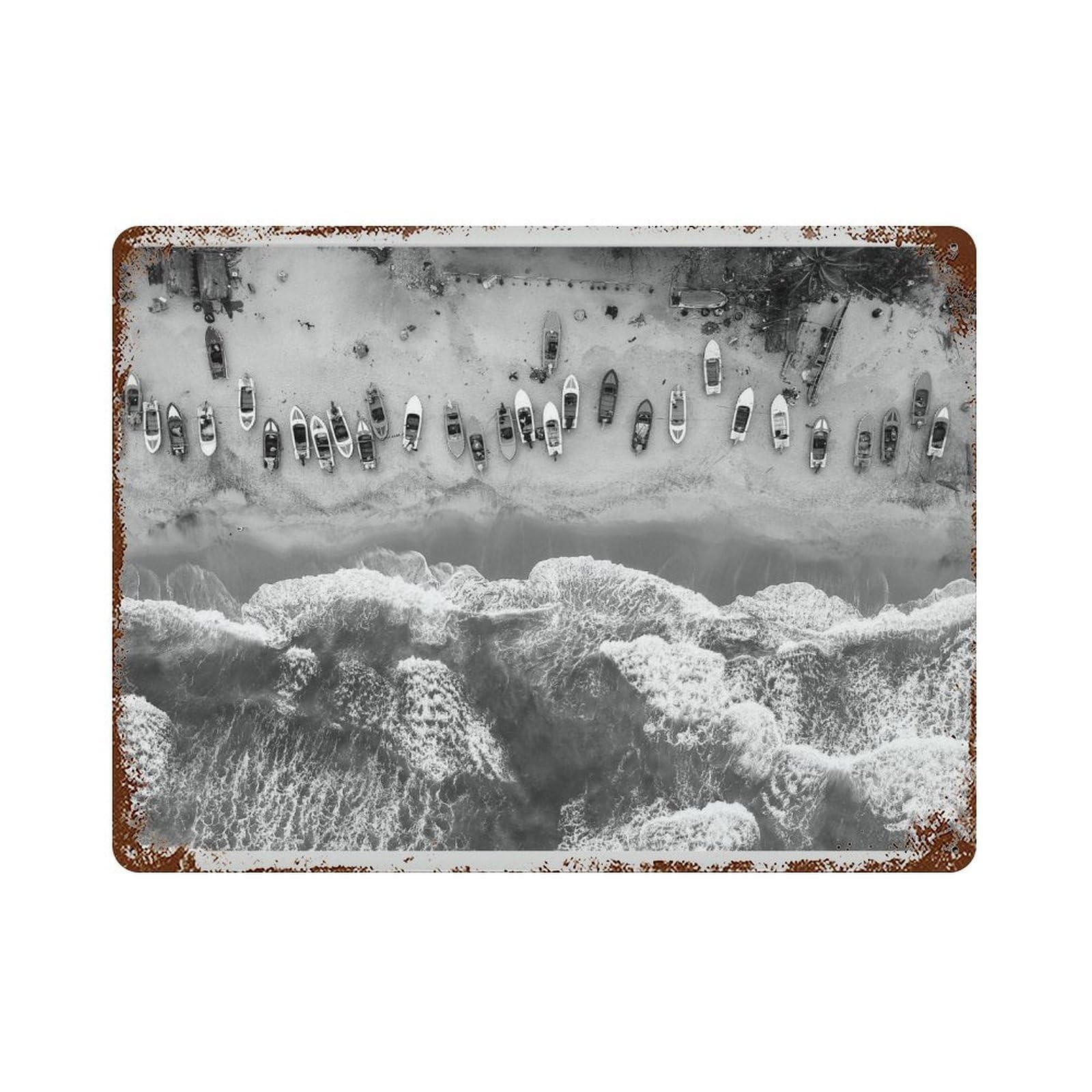 xiaoxiaoshen Black And White Aerial Beach Ocean Waves Coastal Wall Decor Art Metal Tin Poster Modern Home Decor Art Home Bar Shop Decorations Vintage Sign 30x40cm