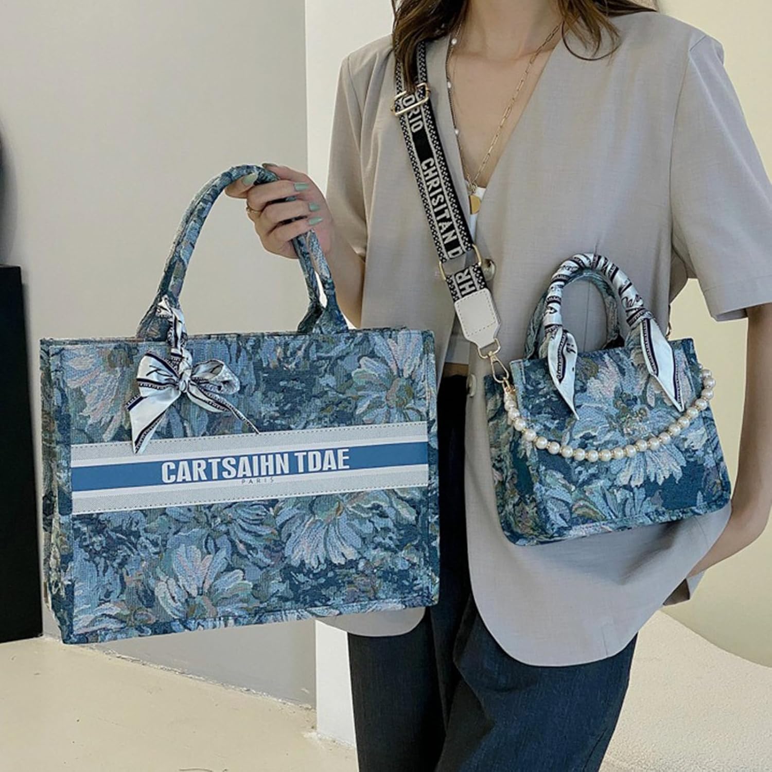 APLUSH Women Handbags Fashion Canvas Tote Bag Large Capacity Jacquard Retro Exquisite Shoulder Bag,Blue,38 * 28 * 13cm