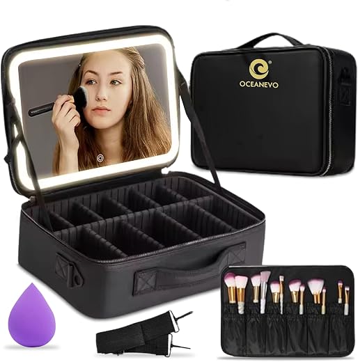 Oceanevo Medium Cosmetic Organizer Bag with Rechargeable LED Mirror &amp; Makeup Sponge Included | Makeup Vanity Box with 3 LE...