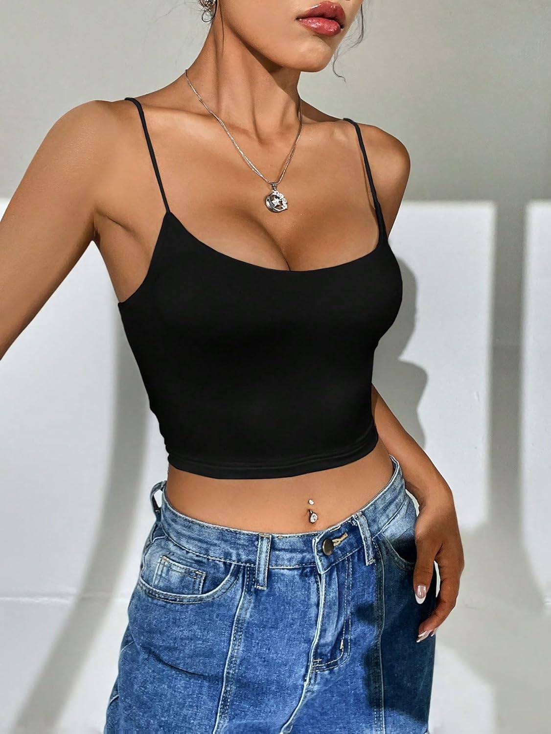 SweatyRocks Women's Basic Spaghetti Strap Scoop Neck Backless Slim Fit Camisole Crop Top - Image 2