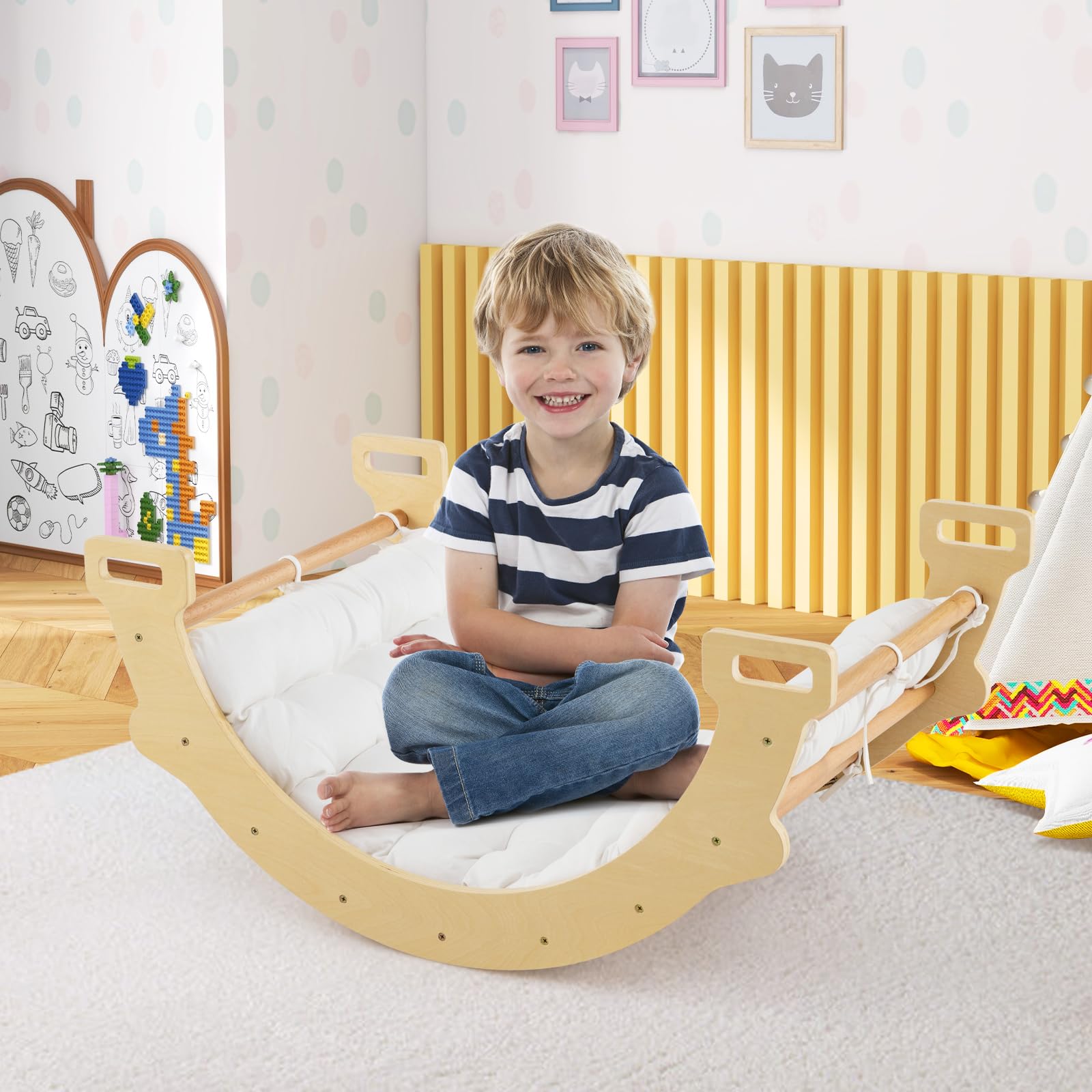 DREAMADE 2 in 1 Kletterbogen mit Kissen, Bogenwippe aus Holz, Holzwippe zum Klettern, Klettergerüst Indoor Kletterdreieck für Kinder ab 3 Jahren (Natur)