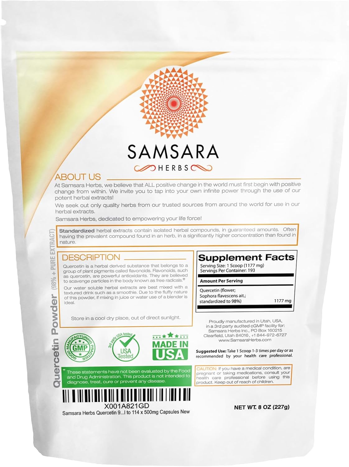 Samsara Herbs Quercetin 98%+ Pure Extract Powder (8oz/226g) - Equal to 452 x 500mg Capsules