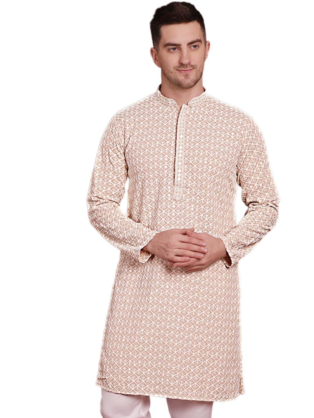 Jompers Men's Beige Sequin Embroidered Pure Cotton Kurtas (Beige, M)