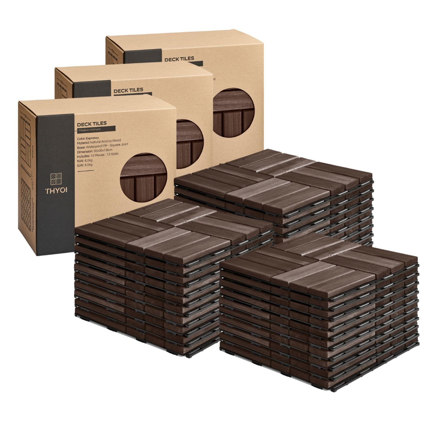THYOI Piastrelle per terrazze, pavimenti per patio, piastrelle in legno di acacia impermeabili per esterni per tutte le condizioni atmosferiche, per balcone, cortile, interni ed esterni (motivo