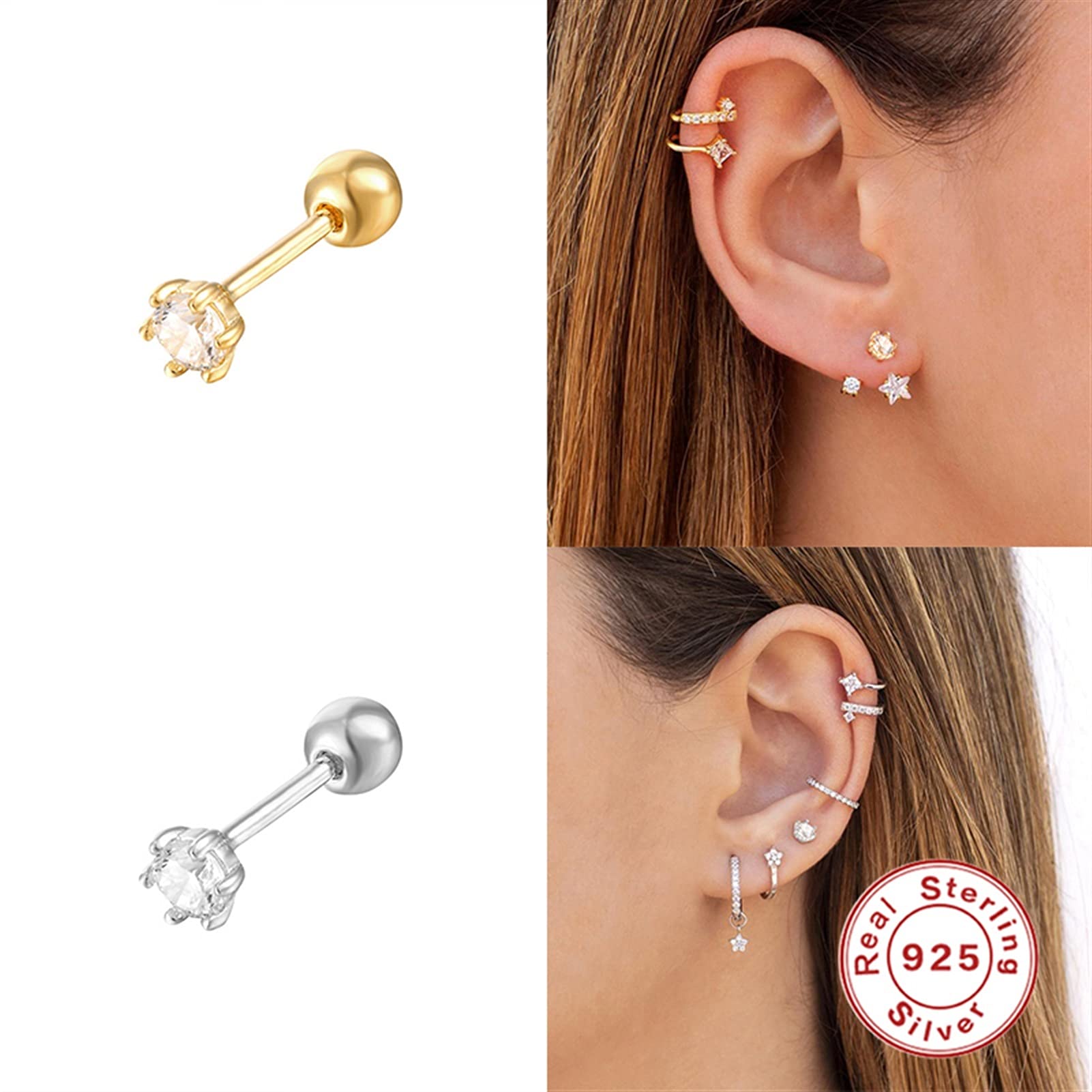 YCTTKDD 1 szt. 925 srebro Aretes kolczyk Bling cyrkon chrząstka Piercing stadniny kolczyki dla kobiet panie dziewczyny kość ucha klamra płatka ucha yc628 (kolor klejnotu: 18)