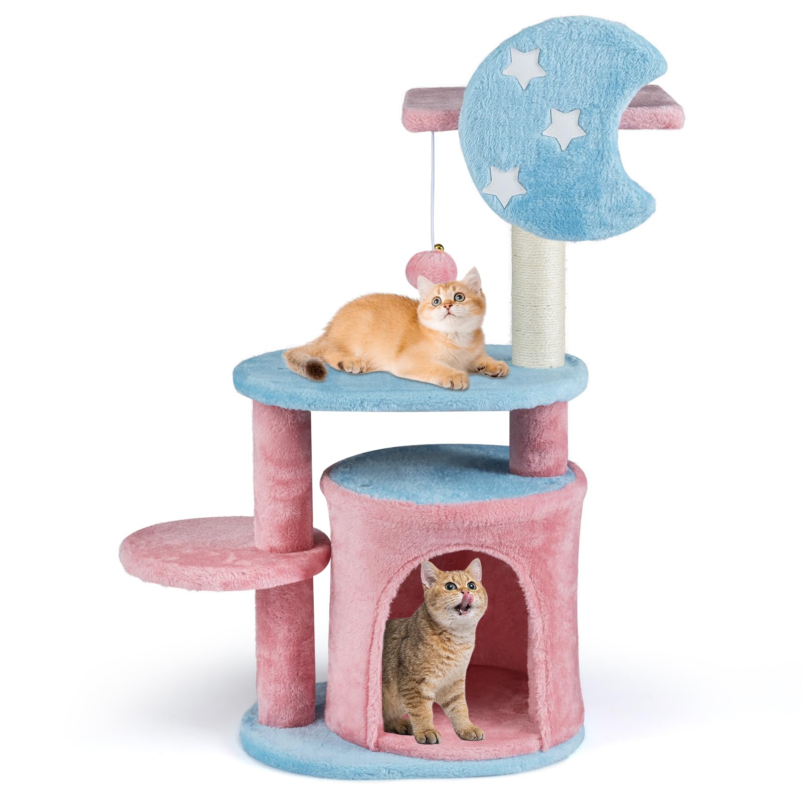 COSTWAY Cat Tree, Multi-Layer Cats Tower with Perch, Condo, Sisal Scratching Post & Plush Dangling Ball, Cute Fluffy Kitten Activity Center for Indoor Cats
