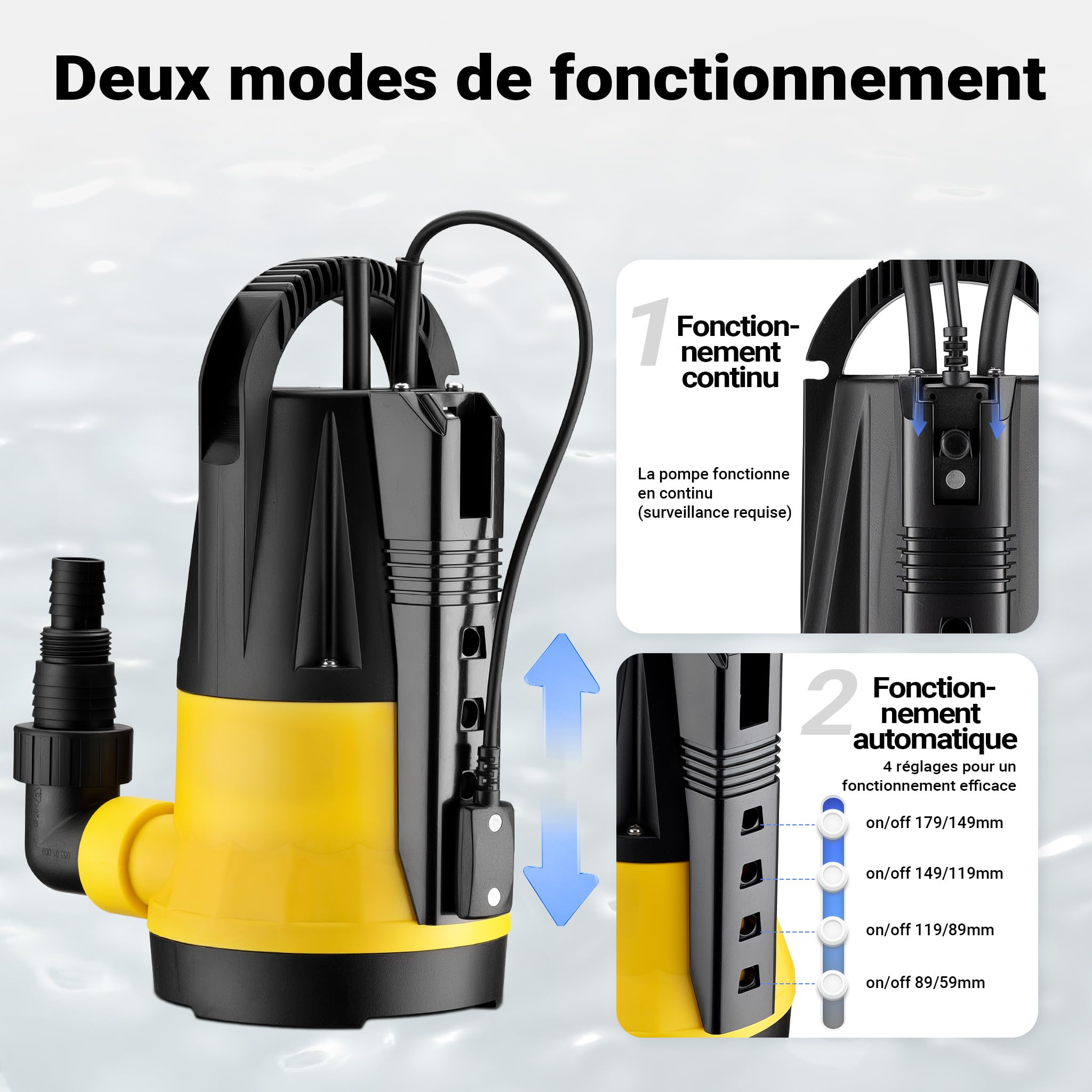 Wiltec Pompe immergée avec capteur de niveau d’eau – 400 W, 7300 l/h – Refoulement max. 7,5 m, profondeur max. 7 m – Thermorégulateur – Pompe submersible Eau propre