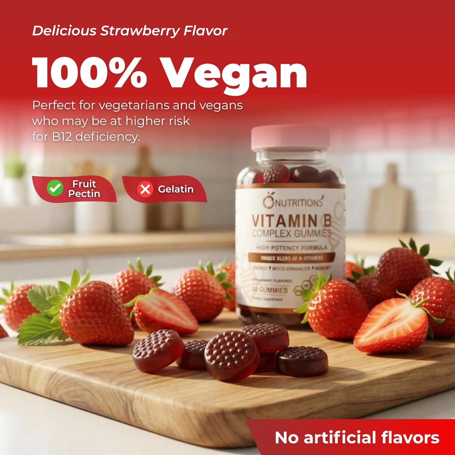 O NUTRITIONS Vitamin B Complex Gummies for Women & Men – High Potency B12 (833% DV) & Biotin – Energy, Mood & Metabolism Support – Vegan Strawberry Gummy Vitamins – 60 Gummies, 2-Month Supply