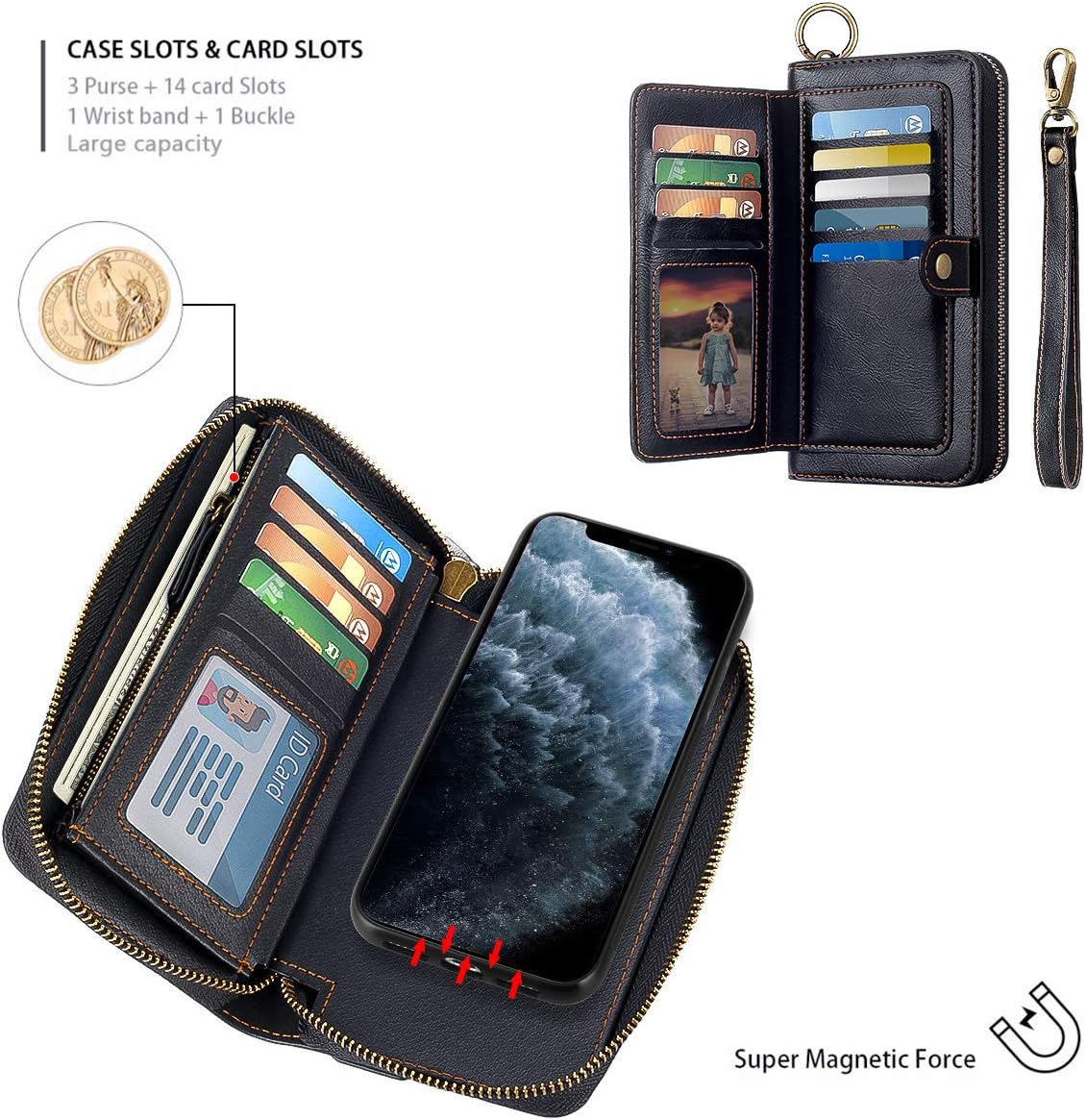 Petocase Compatible iPhone 11 Pro Max Wallet Case, Multi-Function Zipper Purse with Detachable Magnetic Cover Wristlets 13 Card Slots & 4 Cash Pocket for Apple iPhone 11 Pro Max 6.5 Inch 2019 Black