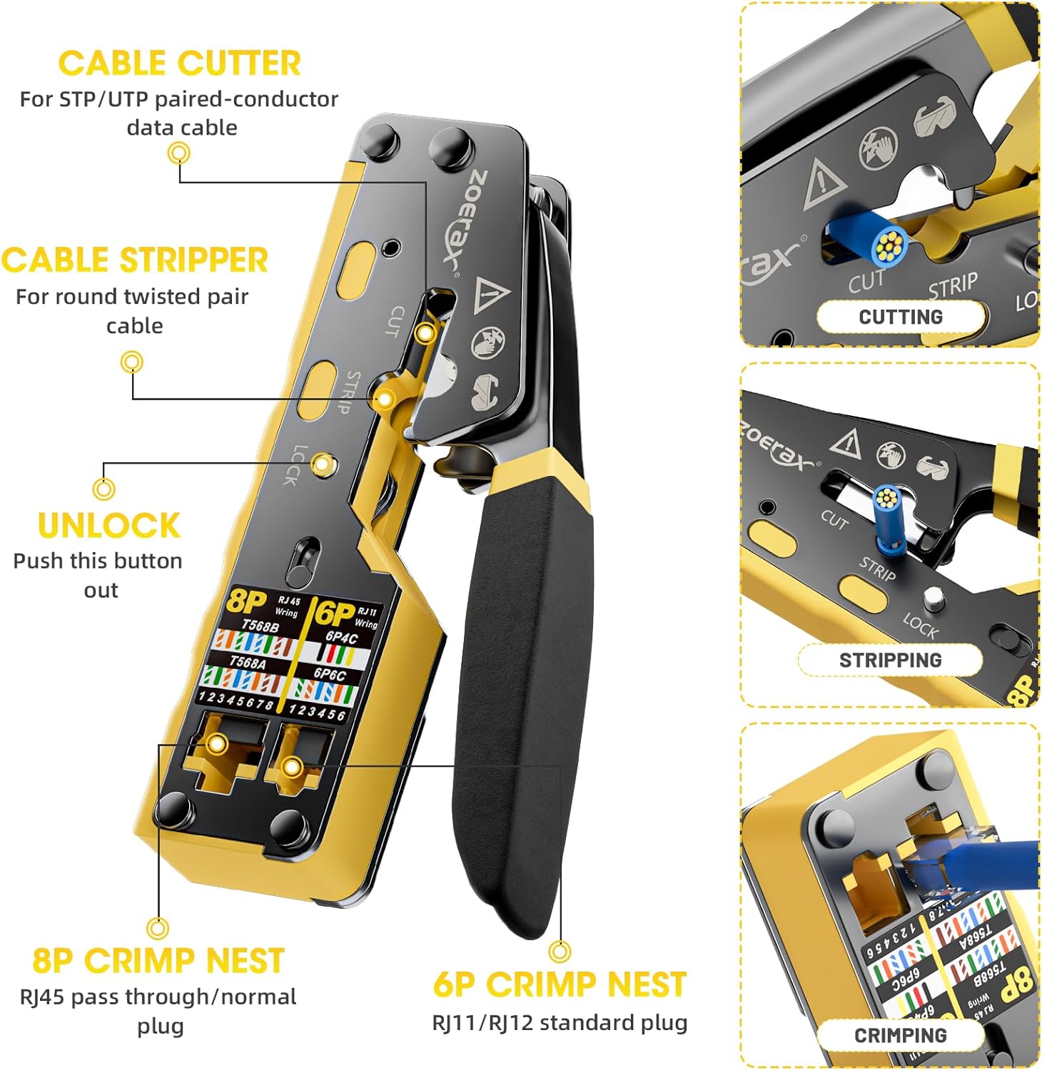 RJ45 Crimping Tool Ethernet Crimp Tool Crimper for RJ11/RJ12 Standard, RJ45 Pass Through Connectors, Yellow