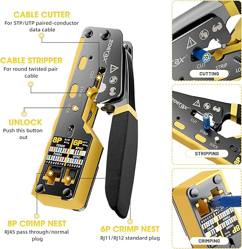 Miniatura 2 de Herramienta de crimpado RJ45 Herramienta de crimpado Ethernet para estándar RJ11RJ12, conectores de paso RJ45, amarillo