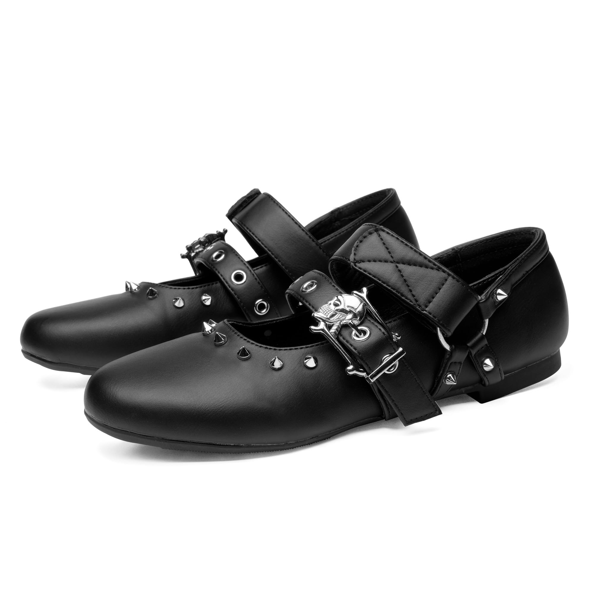 Gothniero Womens Black Flats with Metal Studs and Adjustable Strap Dressy Comfotable Cute Ballet Flats Goth Shoes for Women Dressy Flats Slip on Round