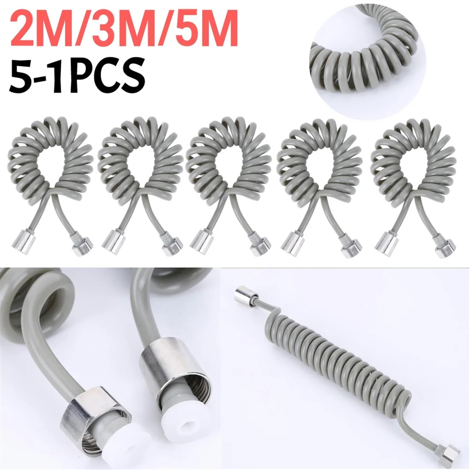 Lot de 5 tuyaux de douche à ressort pour téléphone - 2/3/5 m - Flexible à ressort - Tuyau souple - Accessoires de salle de bain (2 m, 4 pièces)