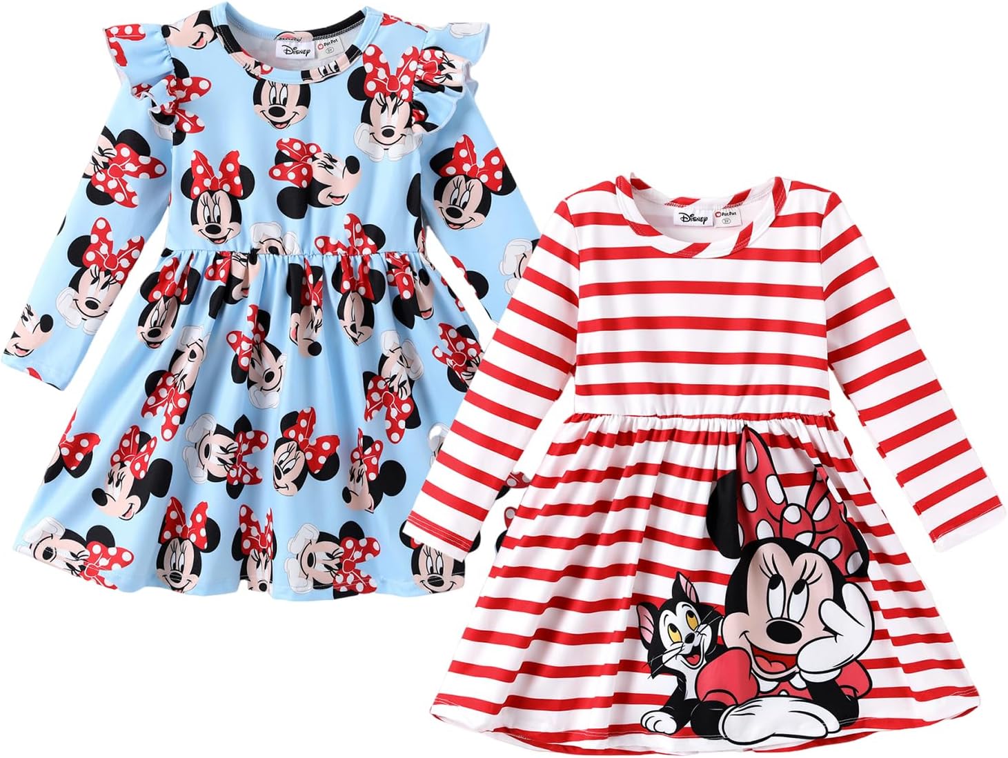 Disney Frozen Elsa Stitch Princess Minnie Mouse Toddler Girl Dresses 2 Pack Ruffle Long Sleeve Dress Set (3 Months - 6 Years)