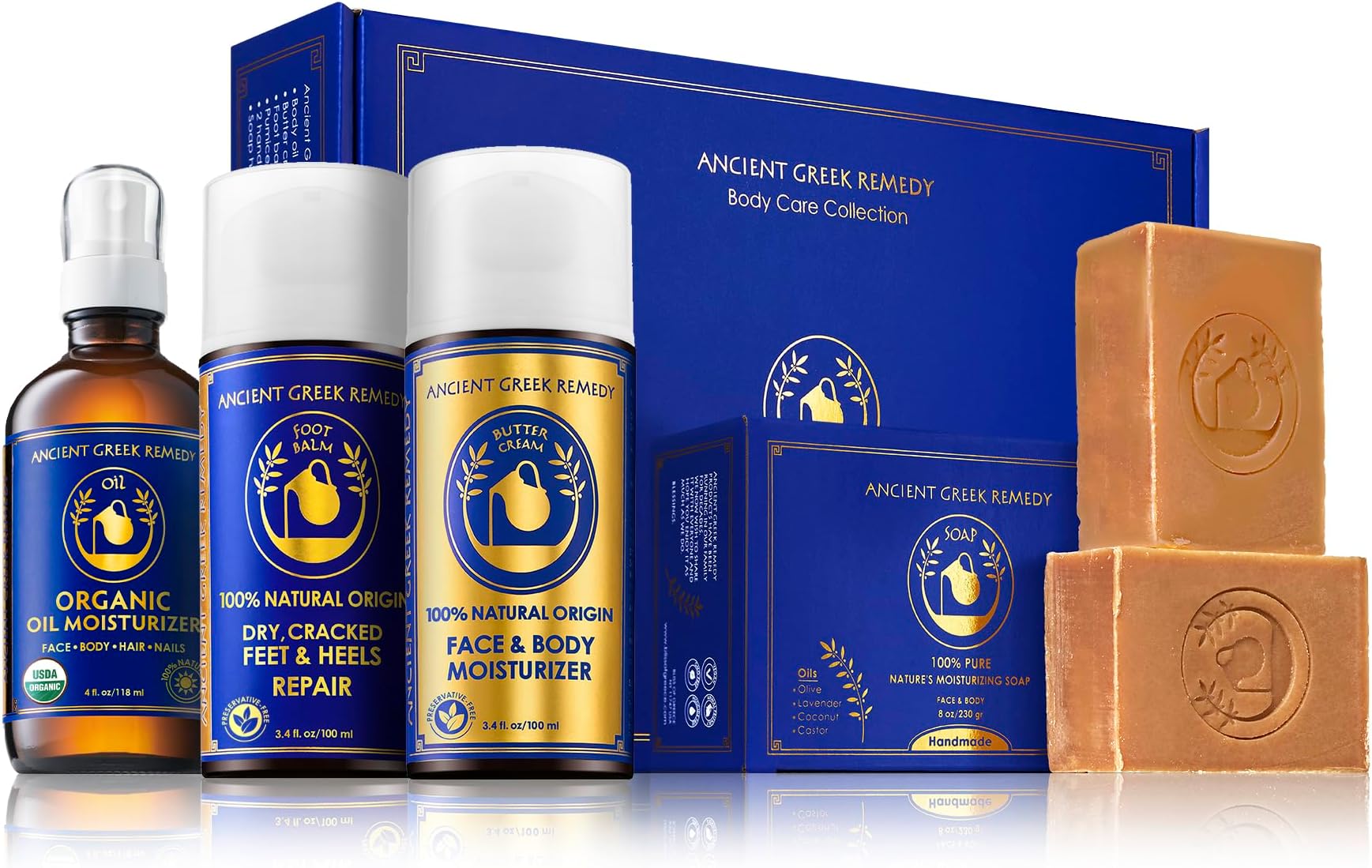 Ancient Greek Remedy Organic Spa Gift Set - Body Oil, Face Moisturizer, Foot Balm & 2 Soap Bars - Lavender Scented Skin Care Gift Basket for Women - Perfect for Christmas, Birthdays & Self Care