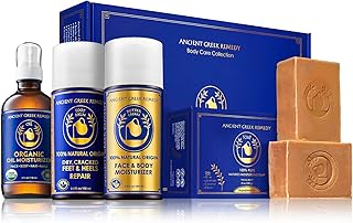 Ancient Greek Remedy Organic Spa Gift Set - Body Oil, Face Moisturizer, Foot Balm & 2 Soap Bars - Lavender Scented Skin Care Gift Basket for Women - Perfect for Christmas, Birthdays & Self Care