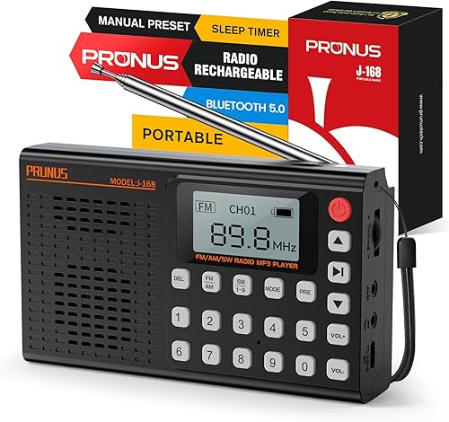 PRUNUS J168 Radio portátil AM FM con Bluetooth, excelente recepción, preajuste, reproducción de tarjeta TF, temporizador de sueño, carga USB C,