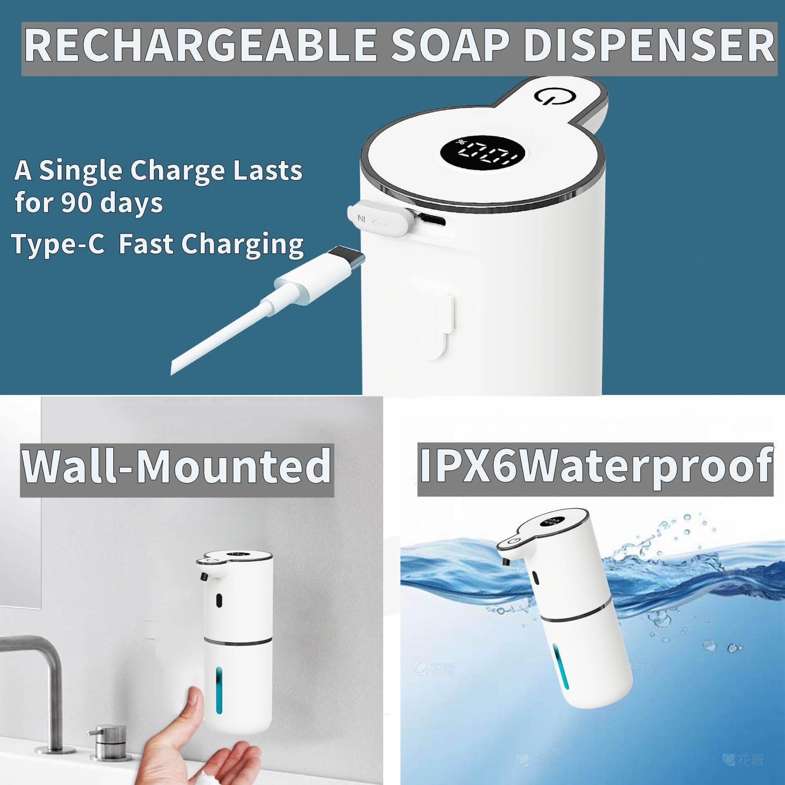 Dispensador automático de jabón sin tacto, dispensador de jabón espumante con 6 niveles ajustables manos libres USB recargable dispensador eléctrico montado en la pared dispensador de platos cocina