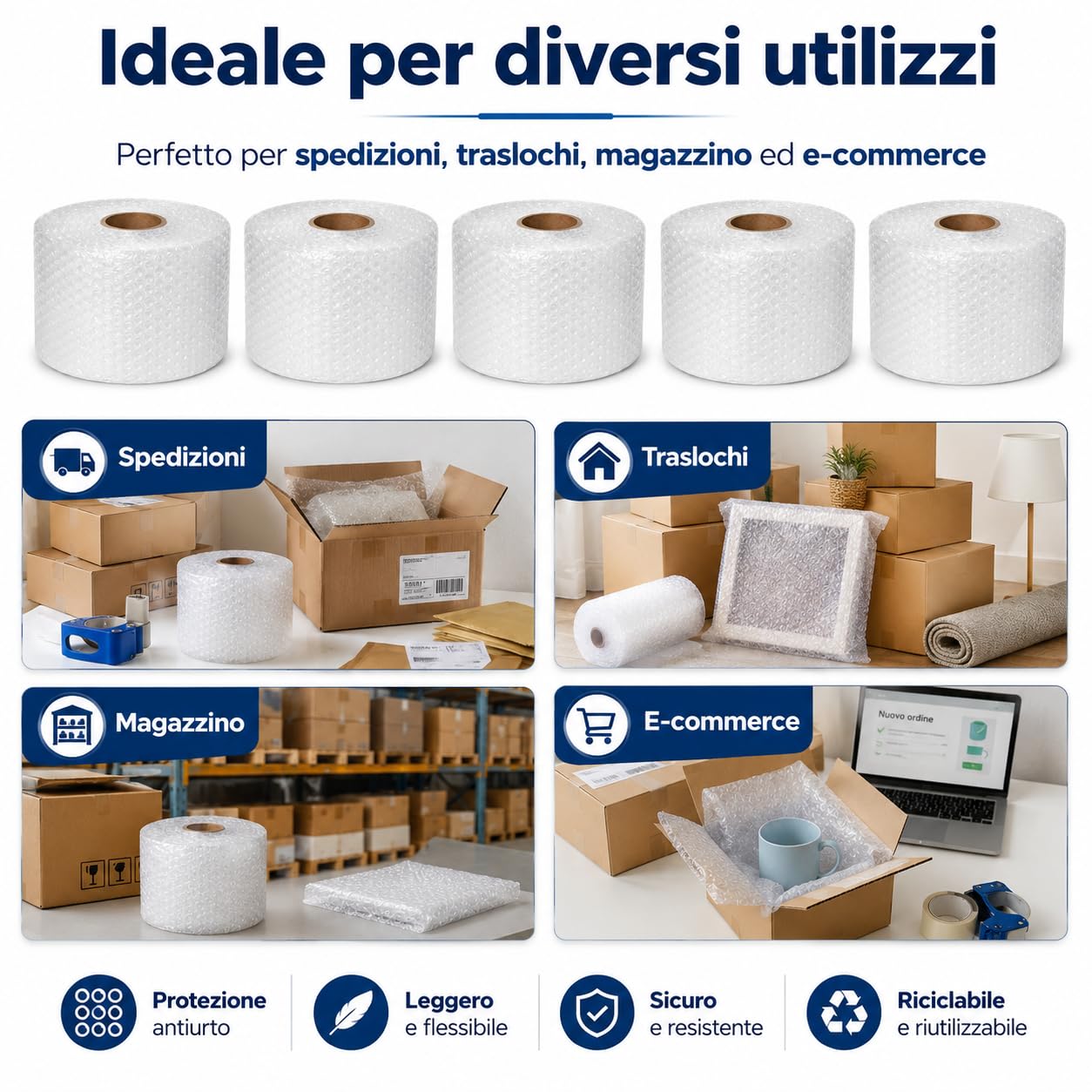All4All Pluriball per Imballaggio – 5 Rotoli da 20 cm x 100 m, Totale 100 m², Protezione Antiurto per Spedizioni, Traslochi e Oggetti Fragili