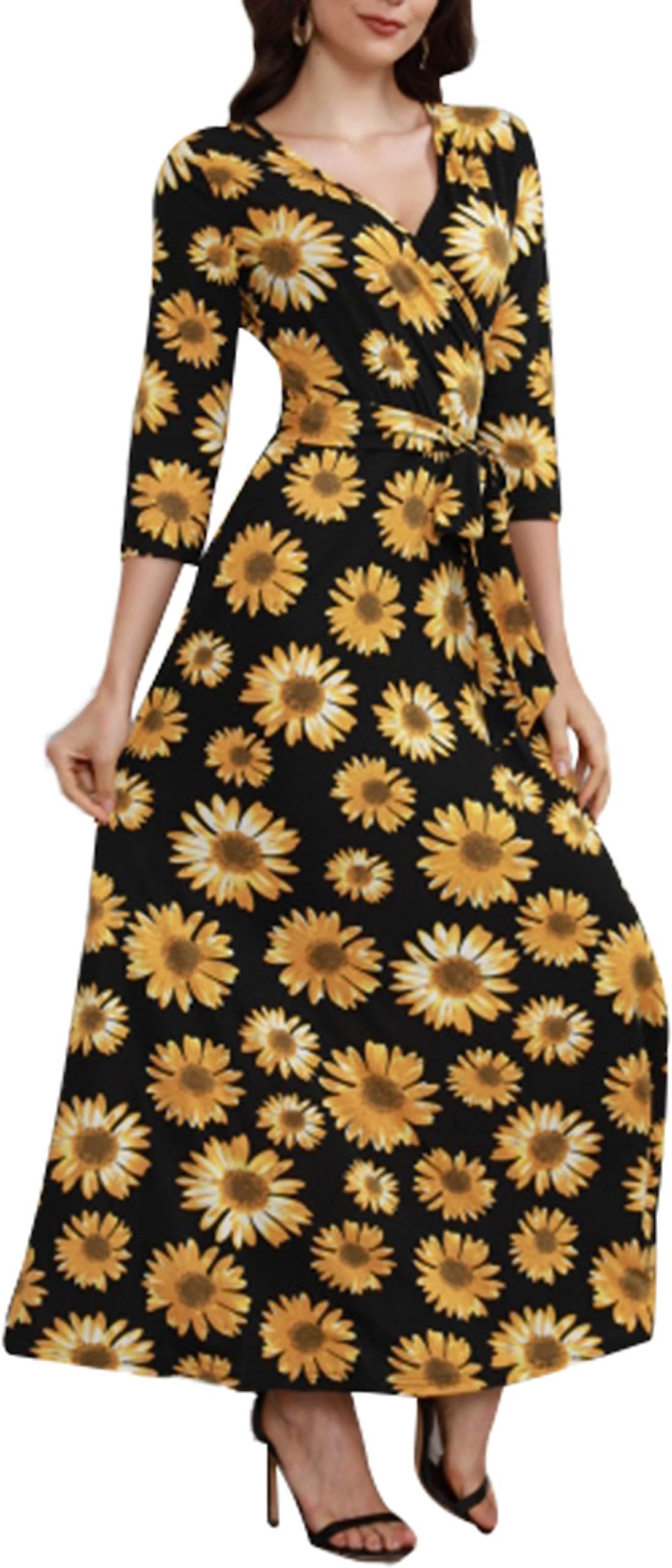 Aphratti Women's Casual Fall Maxi Dress 3/4 Sleeve V Neck Faux Wrap Floral Flowy Long Maxi Dresses