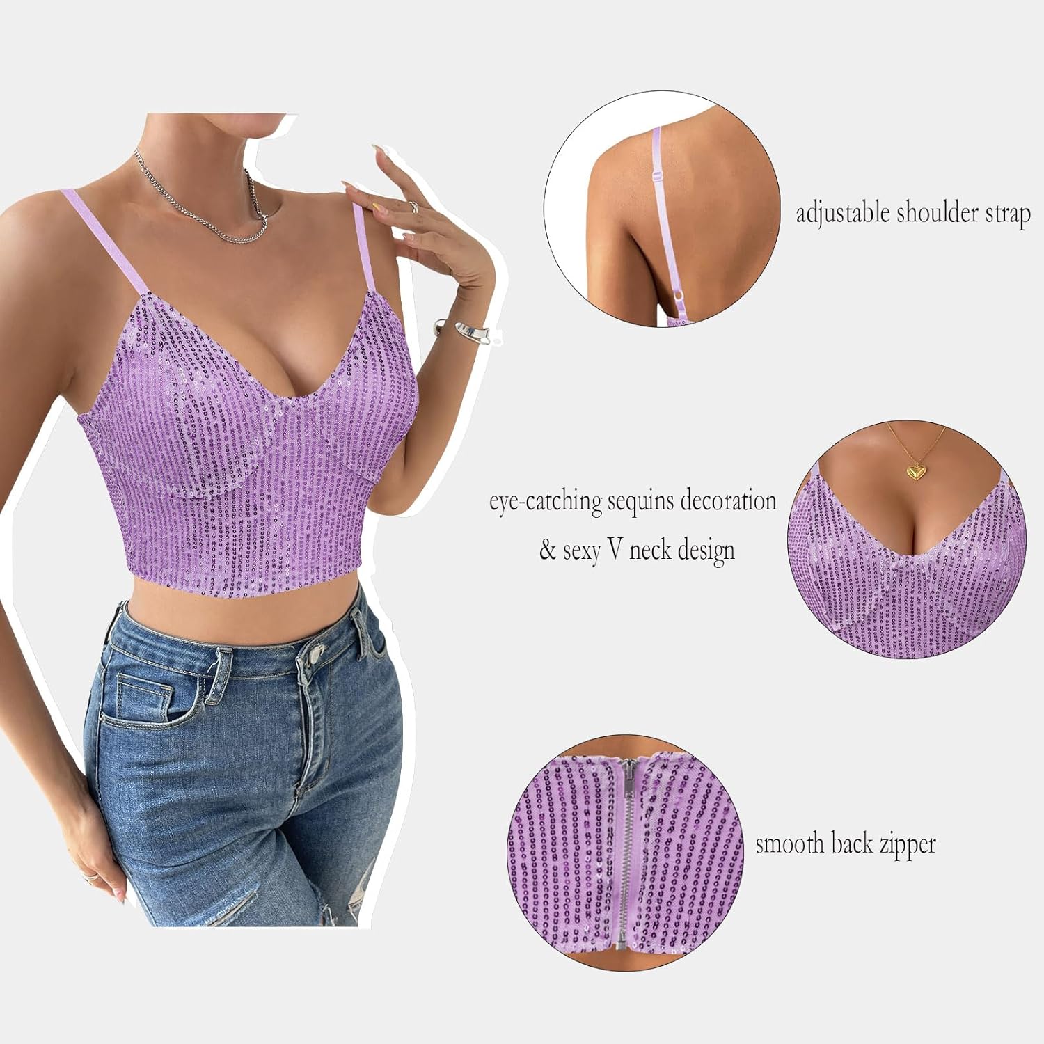 Womens Sparkly Sequin Top Spaghetti Strap Crop Top Glitter Sleeveless V Neck Vest Tank Tops Rave Disco Concert Outfit - Image 6